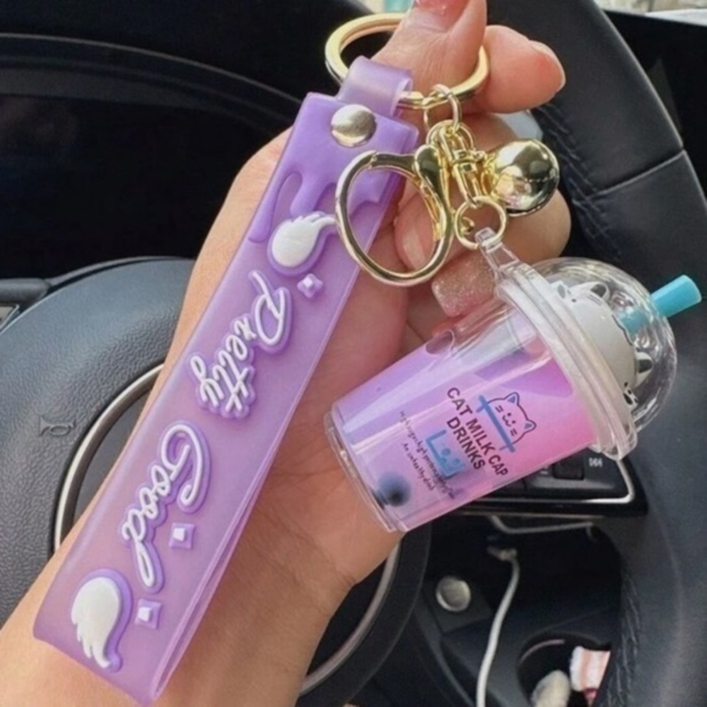 Cat Keychain Boba Milk Tea Cup keychain purple
